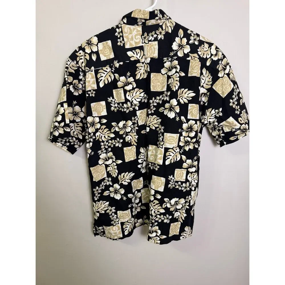 Batik Bay Mens L Hawaiian Short Sleeve Button Up Shirt Black / Tan Hibiscus Sun - Picture 3 of 4